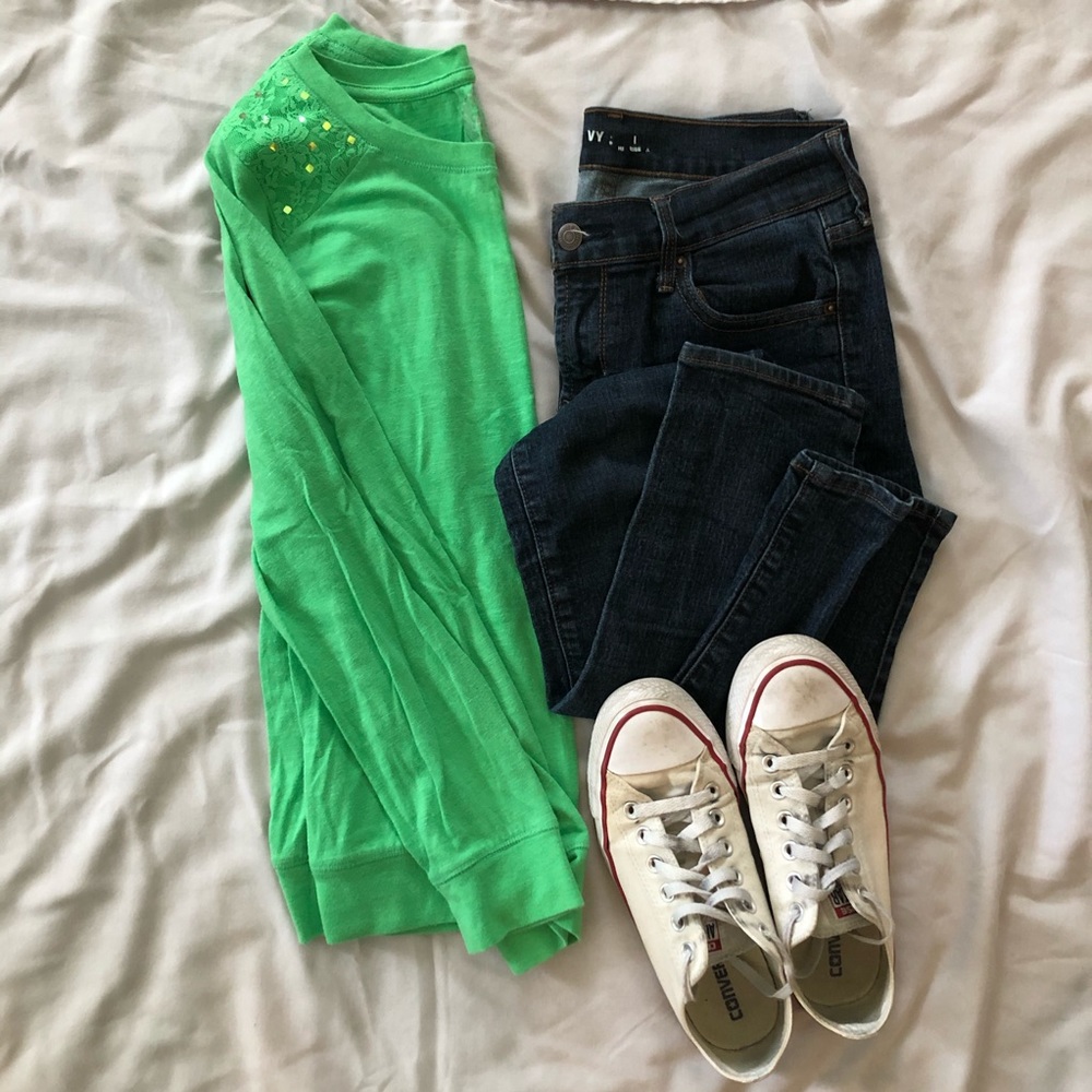 Long Sleeve Shirt with Lace & Sequins Shoulders